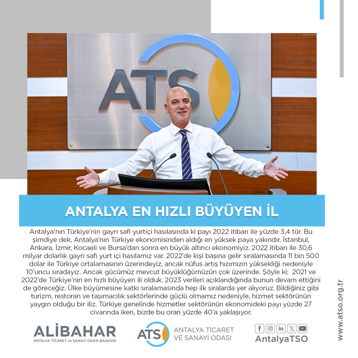 ANTALYA EN HIZLI BÜYÜYEN İL
ATSO Başkanı Ali Bahar, “Antalya’nın Türkiye’nin gay
