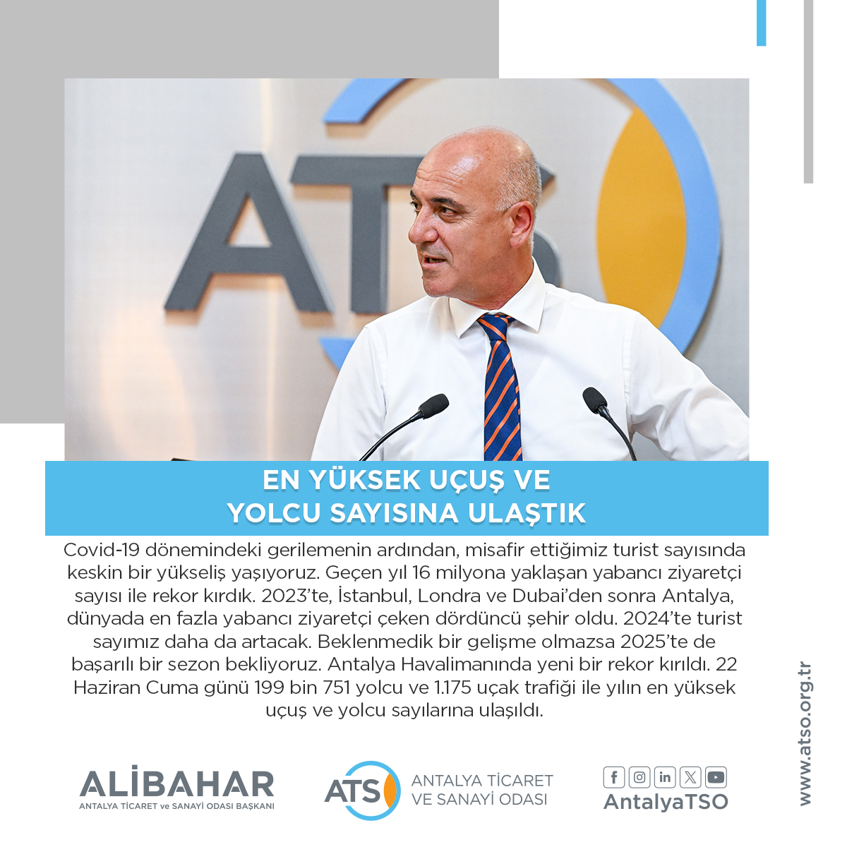 EN YÜKSEK UÇUŞ VE YOLCU SAYISINA ULAŞTIK
ATSO Başkanı Ali Bahar, “Covid-19 dönem