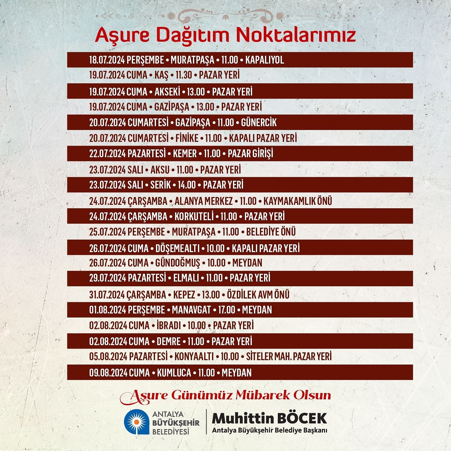 Aşure Günü’müz mübarek olsun! 

Antalya Büyükşehir Belediyesi olarak, aşure gele