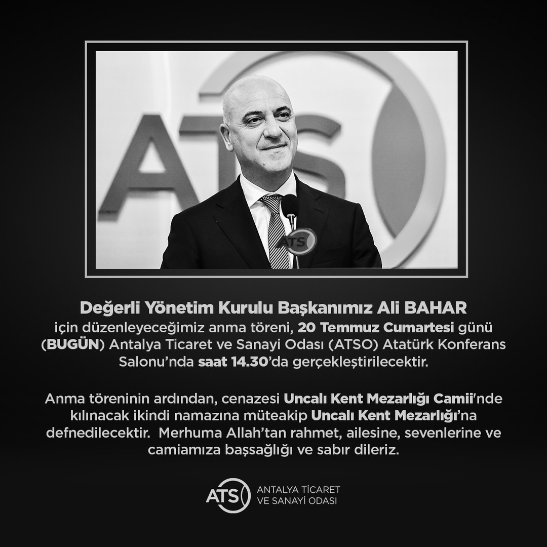 Değerli Yönetim Kurulu Başkanımız Ali BAHAR’ı son yolculuğuna uğurlayacağımız tö