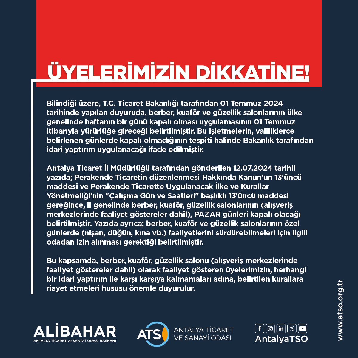 T.C. Ticaret Bakanlığı tarafından 01 Temmuz 2024 tarihinde yapılan duyuruda, ber