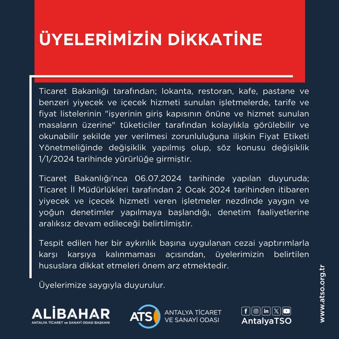 Ticaret Bakanlığı tarafından gerçekleştirilen Restoran ve Lokantalarda Menü ve F