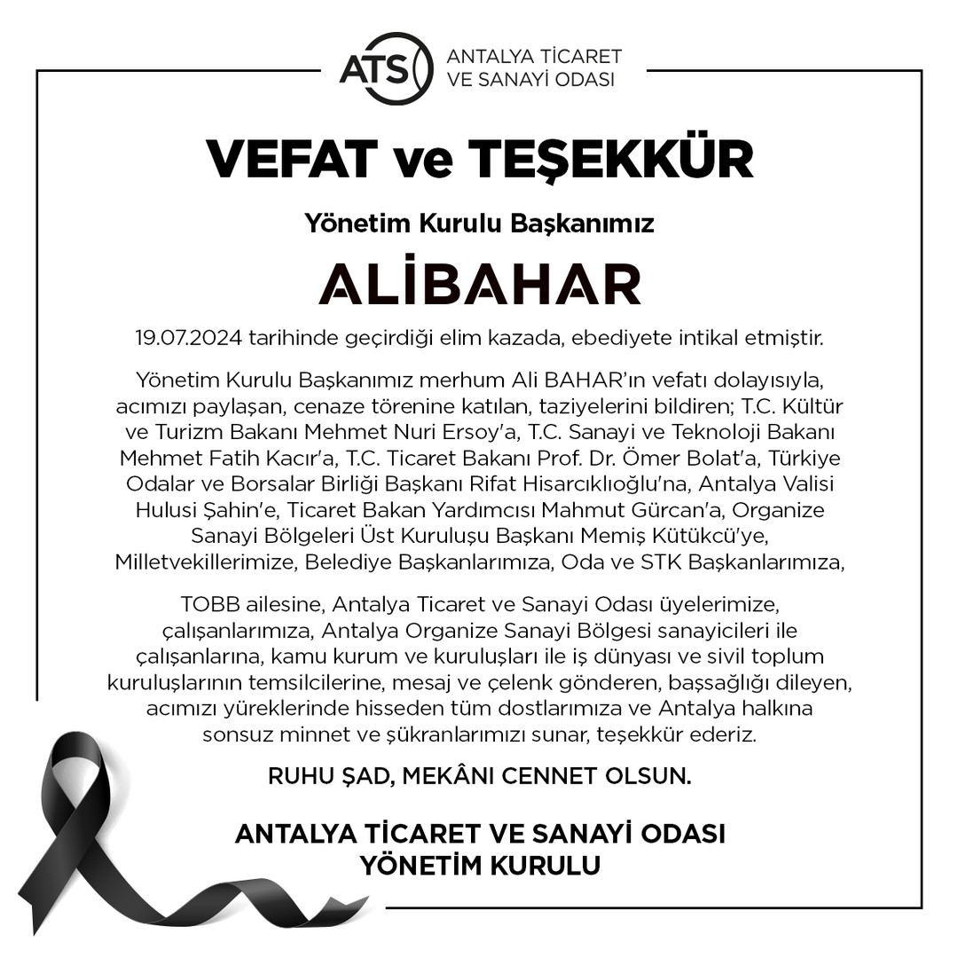 VEFAT ve TEŞEKKÜR

Yönetim Kurulu Başkanımız Ali BAHAR, 19.07.2024 tarihinde geç