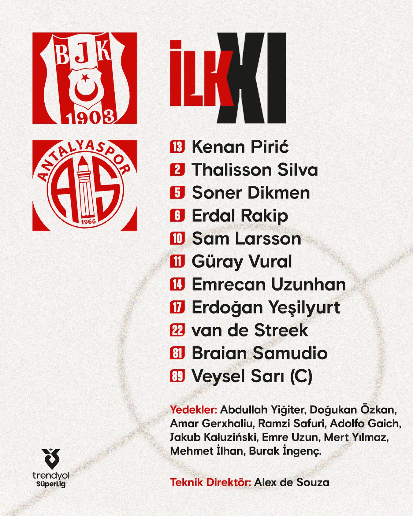 Beşiktaş x Antalyaspor

İLK 11: Pirić, Thalisson, Soner, Erdal, Larsson, Güray,