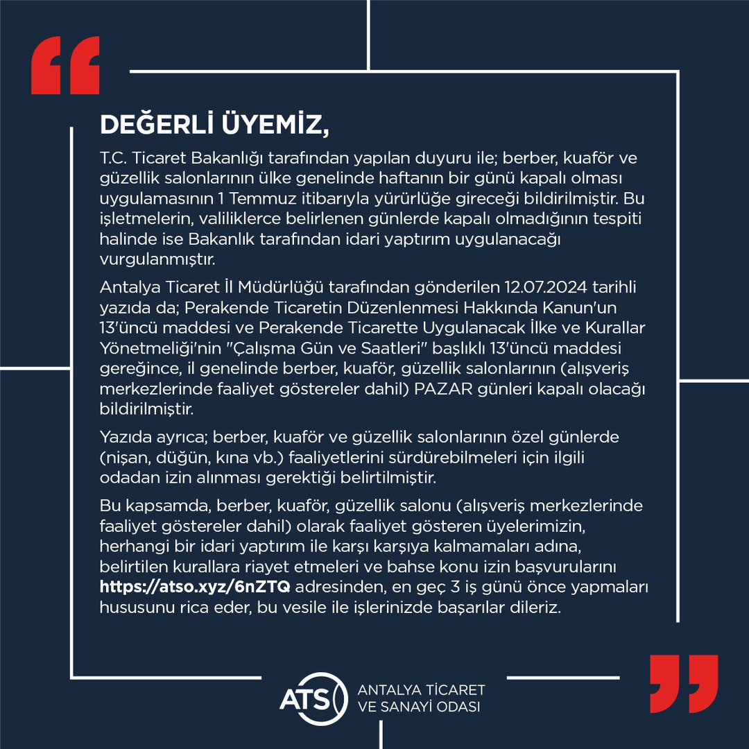 Berber, kuaför ve güzellik salonlarının ilimiz genelinde PAZAR günleri kapalı ol