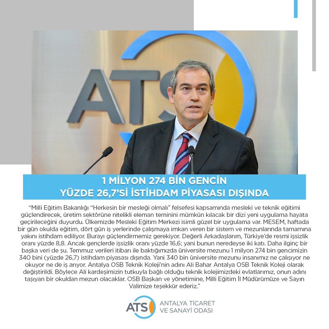 1 MİLYON 274 BİN GENCİN YÜZDE 26,7’Sİ İSTİHDAM PİYASASI DIŞINDA

ATSO Yönetim Ku