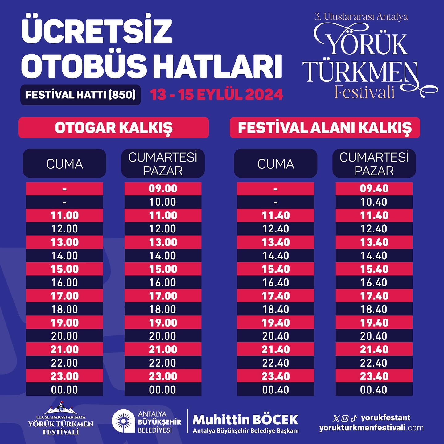 3. Uluslararası Antalya Yörük Türkmen Festivali süresince Otogar’dan hareket ede