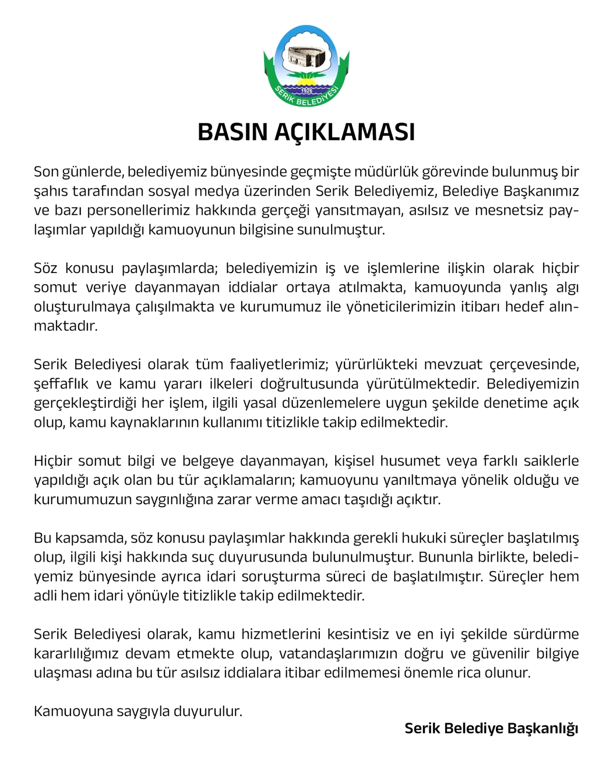 Serik Belediyesinden Sosyal Medya Paylaşımlarına Hukuki Tepki