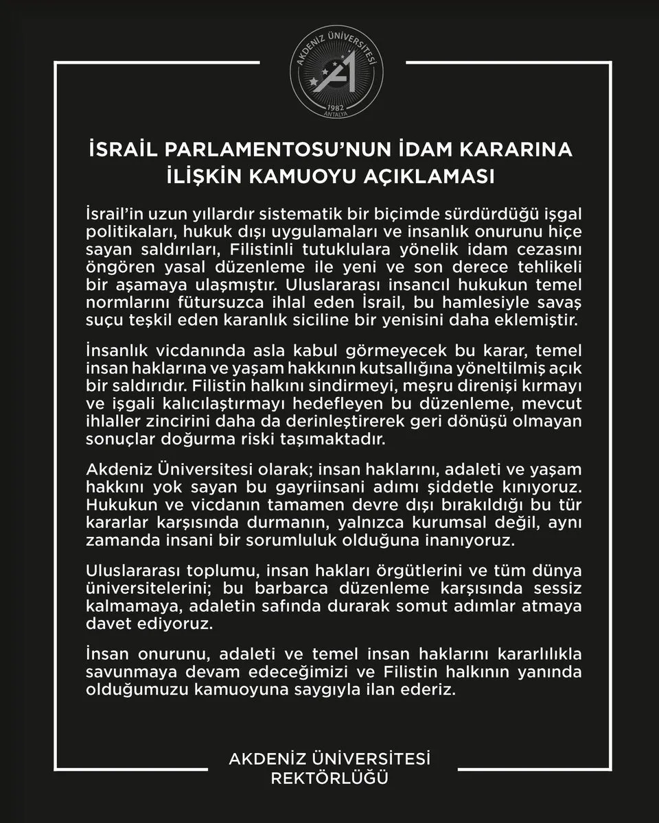 Akdeniz Üniversitesi İsrail’in İdam Cezası Yasasına Sert Tepki Gösterdi