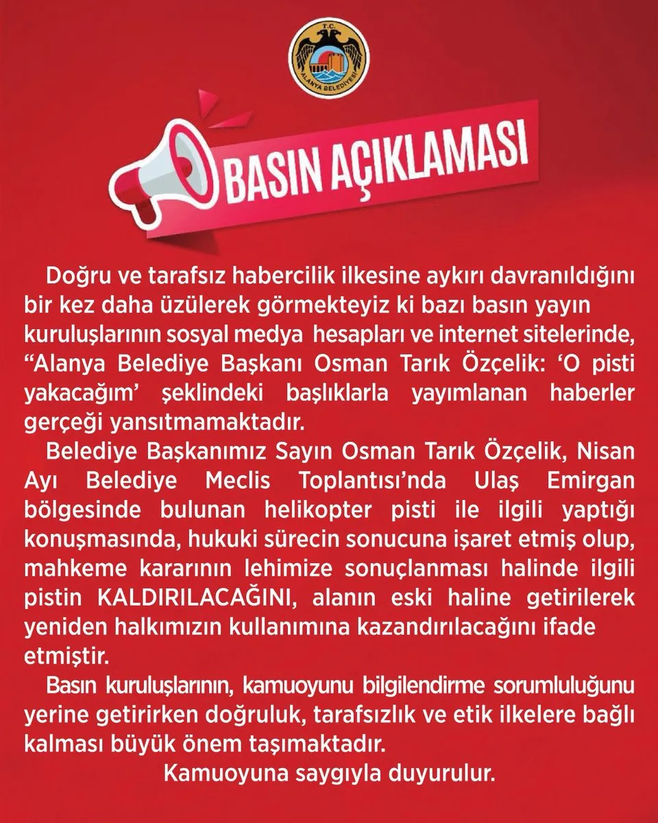 Alanya Belediyesi’nden Helikopter Pisti Açıklaması