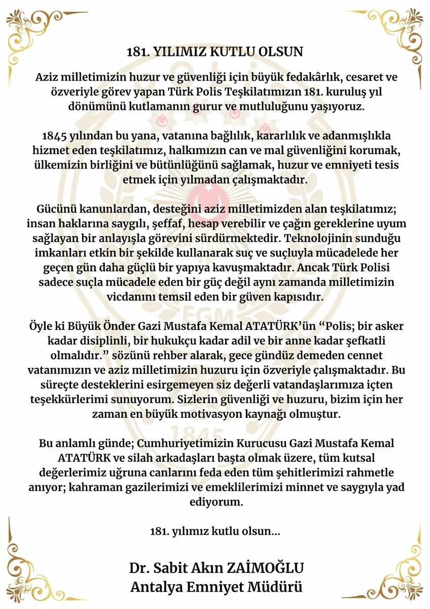 Antalya Emniyet Müdürü Dr. Sabit Akın Zaimoğlu’dan 10 Nisan Polis Haftası Mesajı