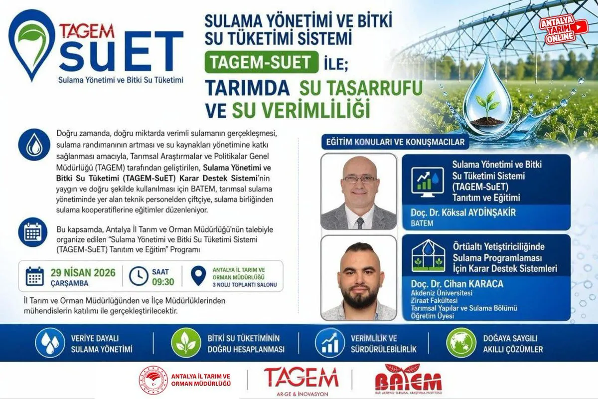 Antalya’da Çiftçilere Ücretsiz Sulama Eğitimi: SuET Sistemi Tanıtılacak
