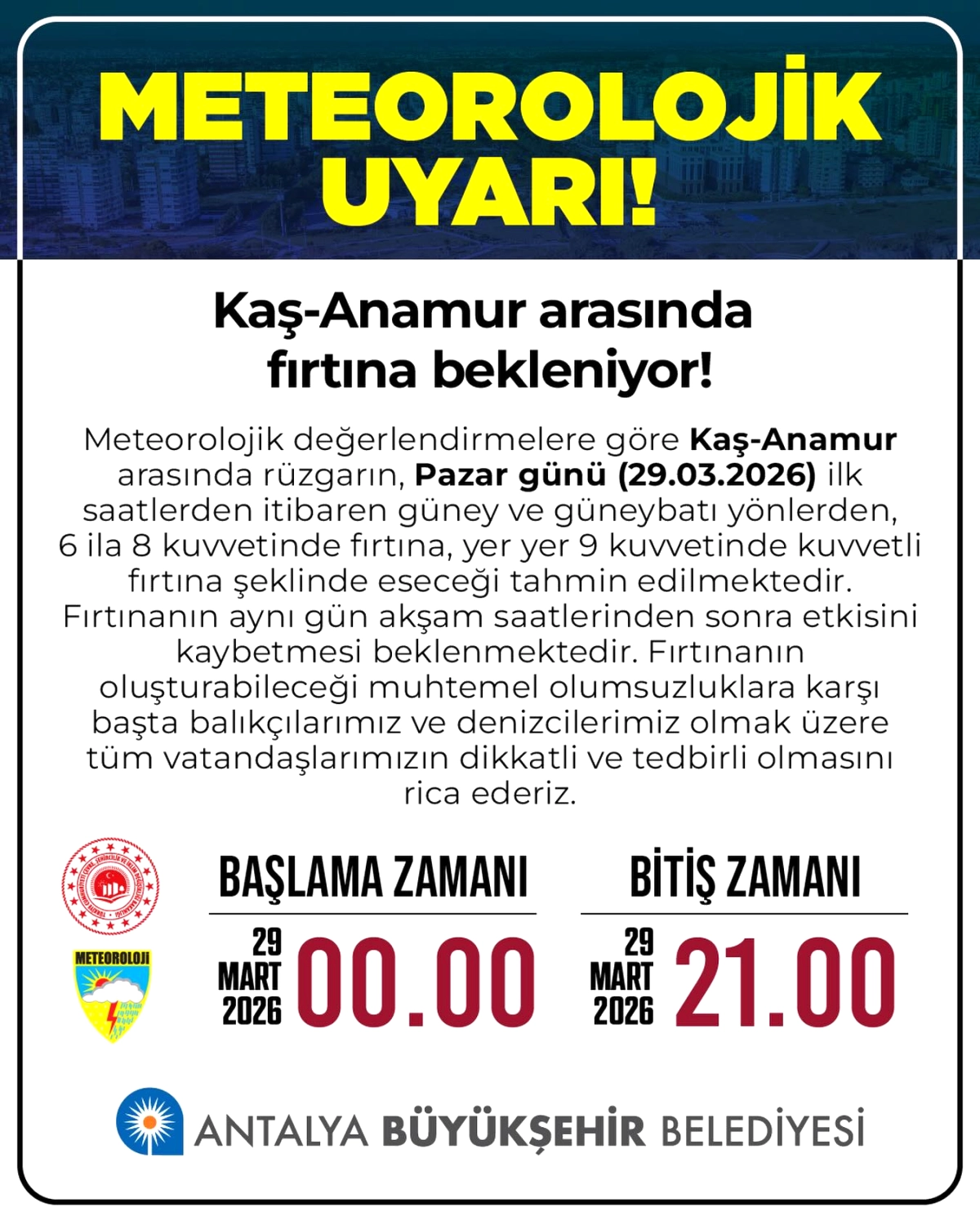 Antalya’da Fırtına Uyarısı: Kaş’tan Anamur’a Denizlere Dikkat