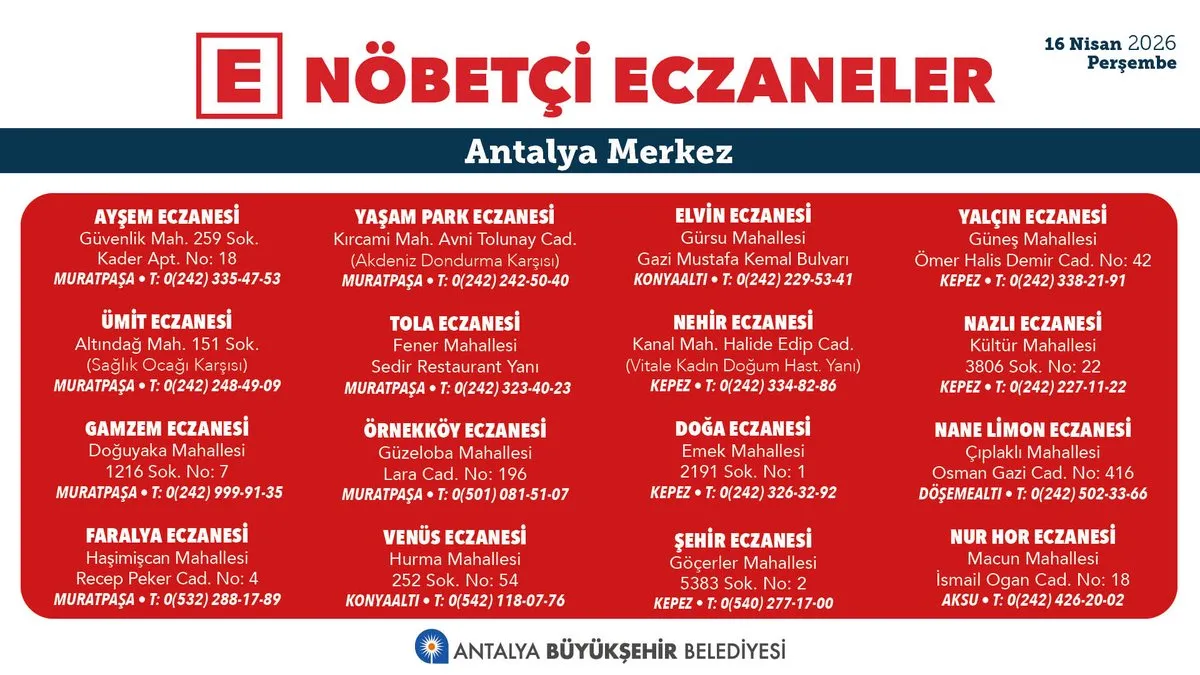 Antalya’da Nöbetçi Eczaneler: 16 Nisan 2026 Güncel Listesi