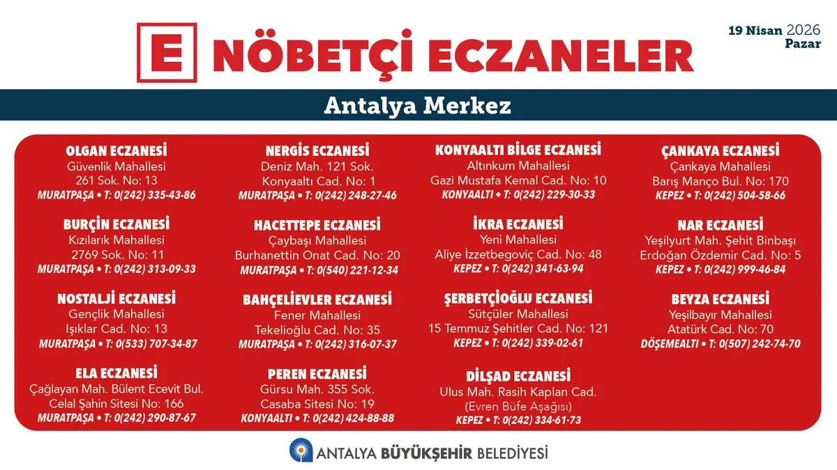 Antalya’da Nöbetçi Eczaneler: 19 Nisan 2026 Pazar Günü