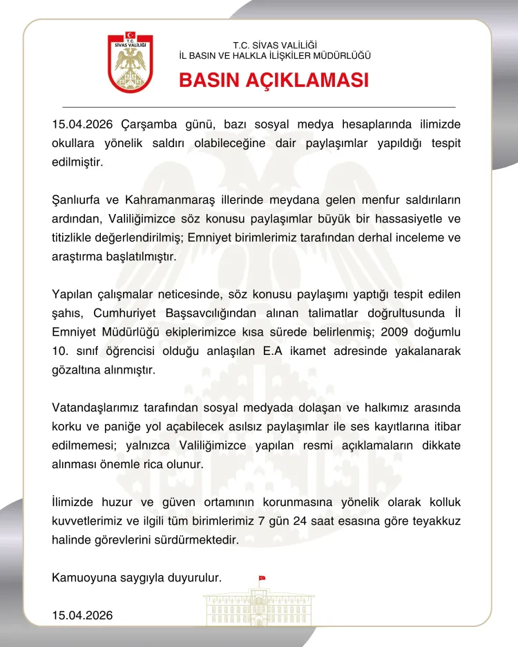 Sivas’ta Okul Saldırı İddiası Paylaşan 17 Yaşındaki Öğrenci Gözaltına Alındı