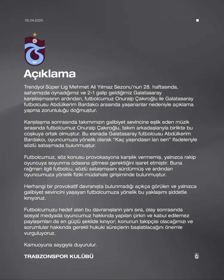 Trabzonspor’dan Çakıroğlu’na Yönelik Saldırıya Sert Tepki: Hukuki Süreç Başlatılacak