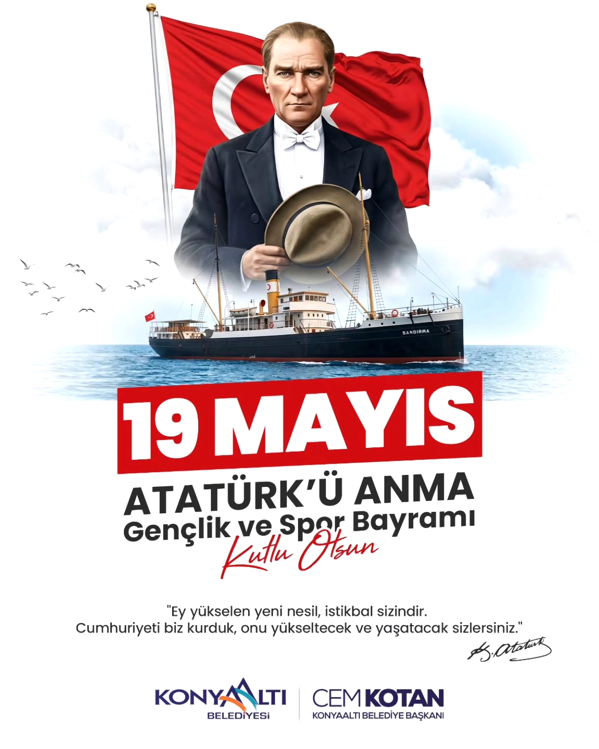Konyaaltı Belediyesi’nden 19 Mayıs Atatürk’ü Anma, Gençlik ve Spor Bayramı Mesajı