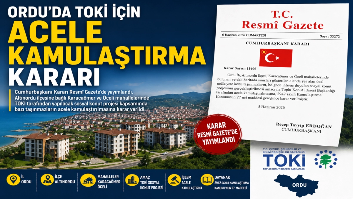 Ordu Altınordu’da TOKİ Projesi İçin Acele Kamulaştırma Kararı