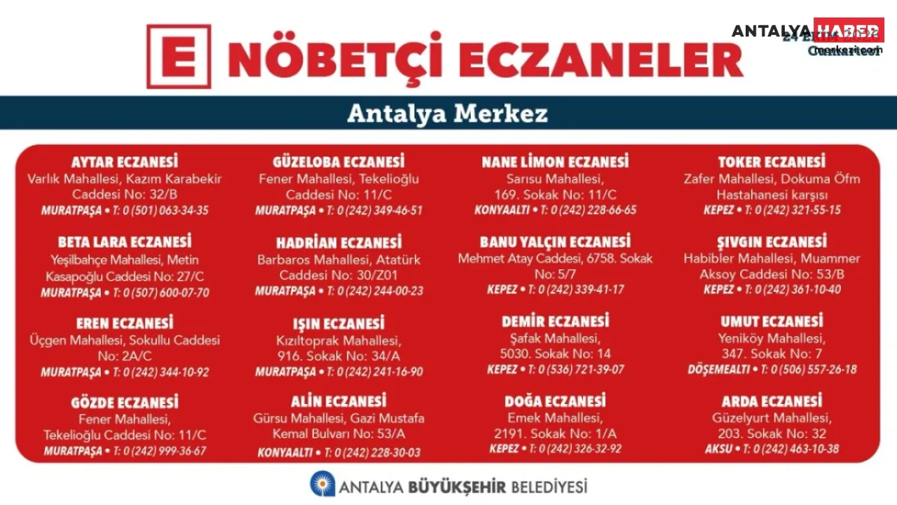 Antalya Büyükşehir Belediyesi 24 Ekim 2026 Tarihli Nöbetçi Eczaneleri Duyurdu
