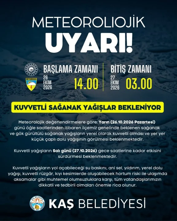 Kaş Belediyesi’nden Kritik Meteorolojik Uyarı: Kuvvetli Sağanak ve Dolu Yağışı Bekleniyor